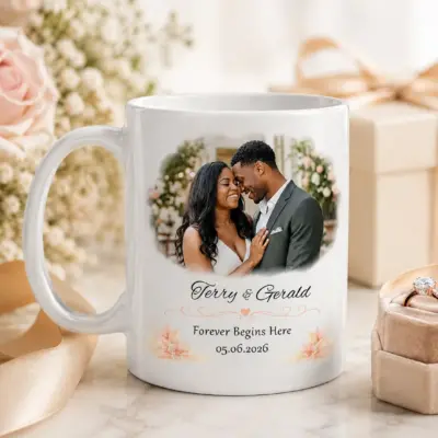 Lifestyle mockup of a personalized wedding photo mug with floral styling, ribbon, ring box, and gift box on a marble surface