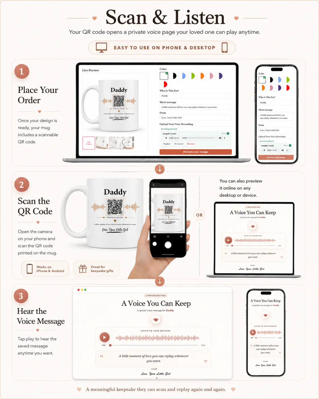 How to scan a personalized mug QR code with a phone and listen to the saved voice message on mobile or desktop