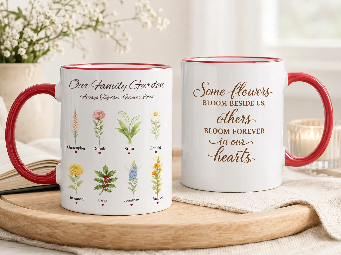 Red handle personalized family garden mug with eight custom birth flowers, names, memorial accents and matching quote design