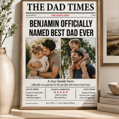The Dad Times personalized poster with two custom photos, Best Dad Ever headline, and gift message from the children