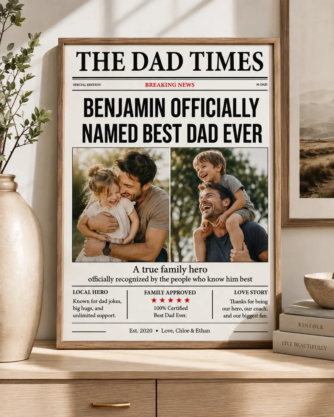 The Dad Times personalized poster with two custom photos, Best Dad Ever headline, and gift message from the children