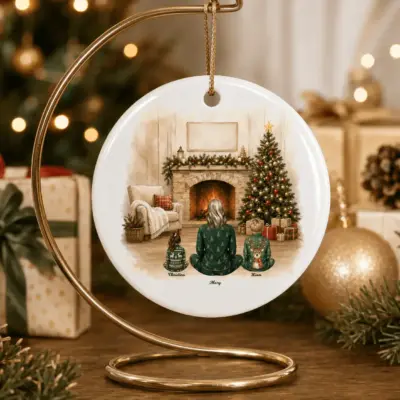 Custom family ceramic ornament displayed on a gold stand