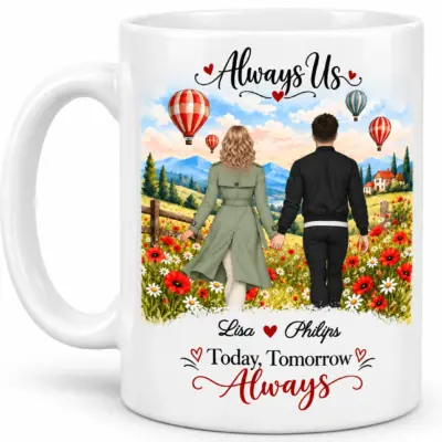 Personalized couple mug with names and romantic meadow design