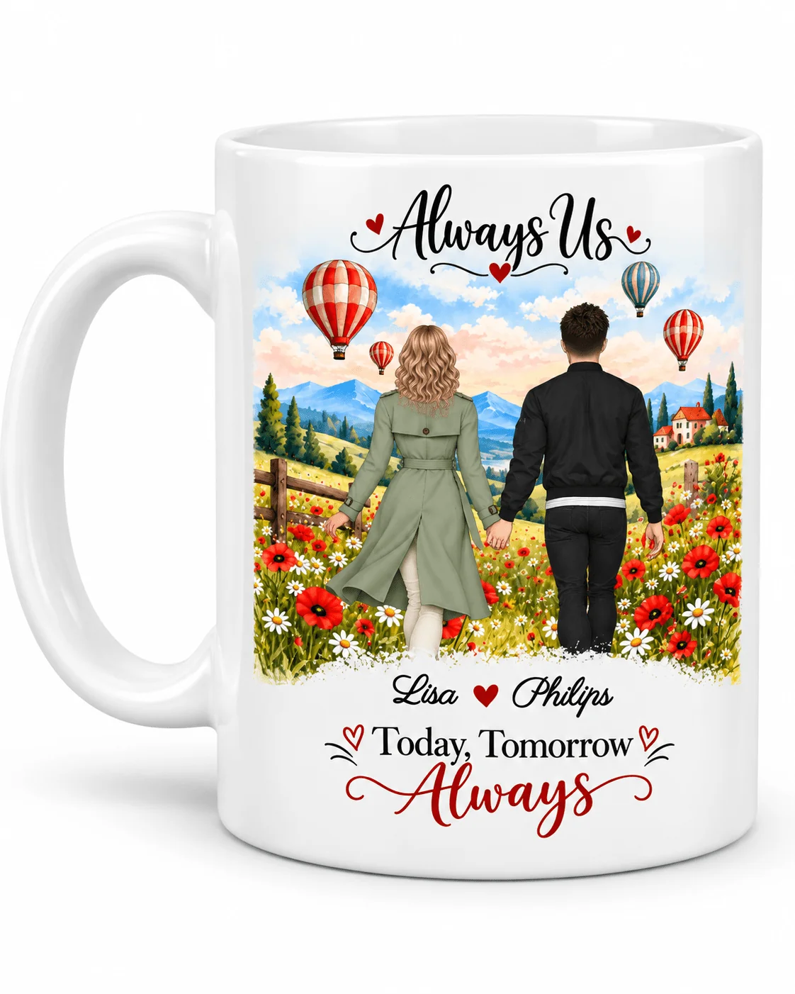 Personalized couple mug with names and romantic meadow design