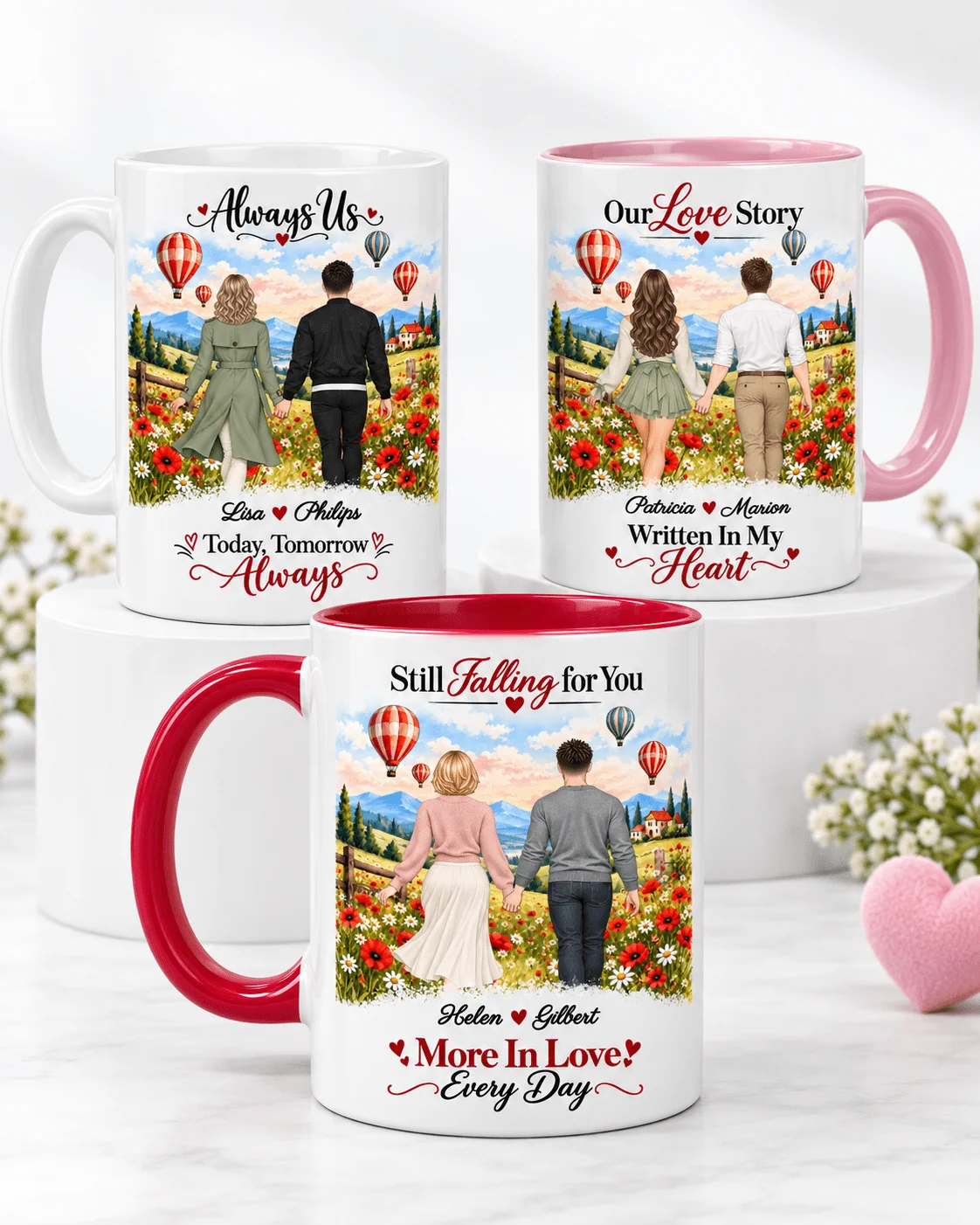 Personalized couple mugs with custom names and romantic designs