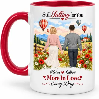 Custom couple mug with red handle and personalized names