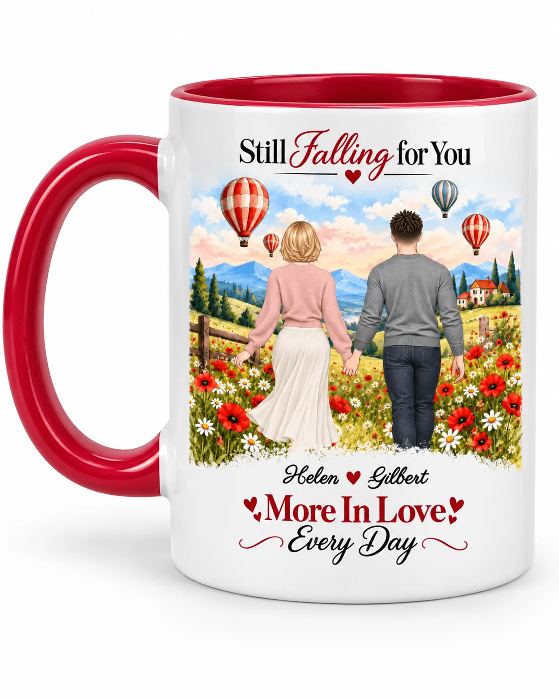 Custom couple mug with red handle and personalized names