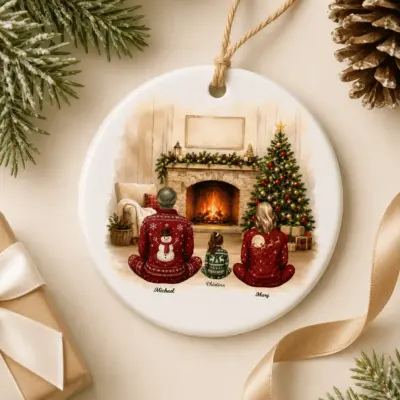 Personalized family Christmas ornament with watercolor fireplace scene