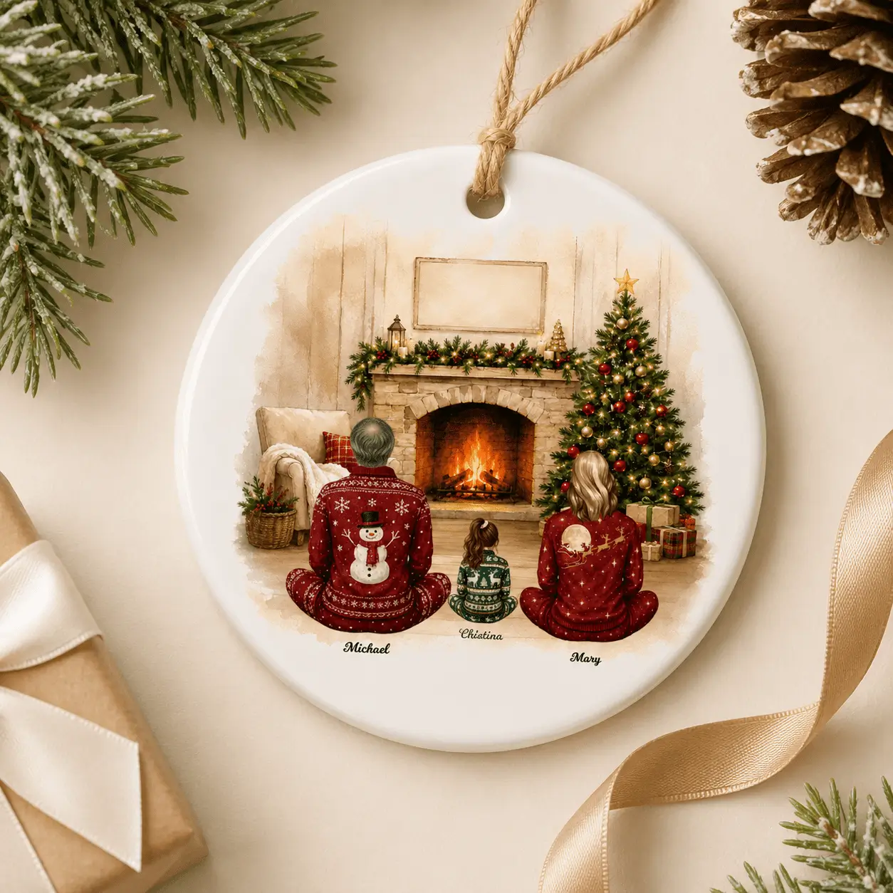 Personalized family Christmas ornament with watercolor fireplace scene