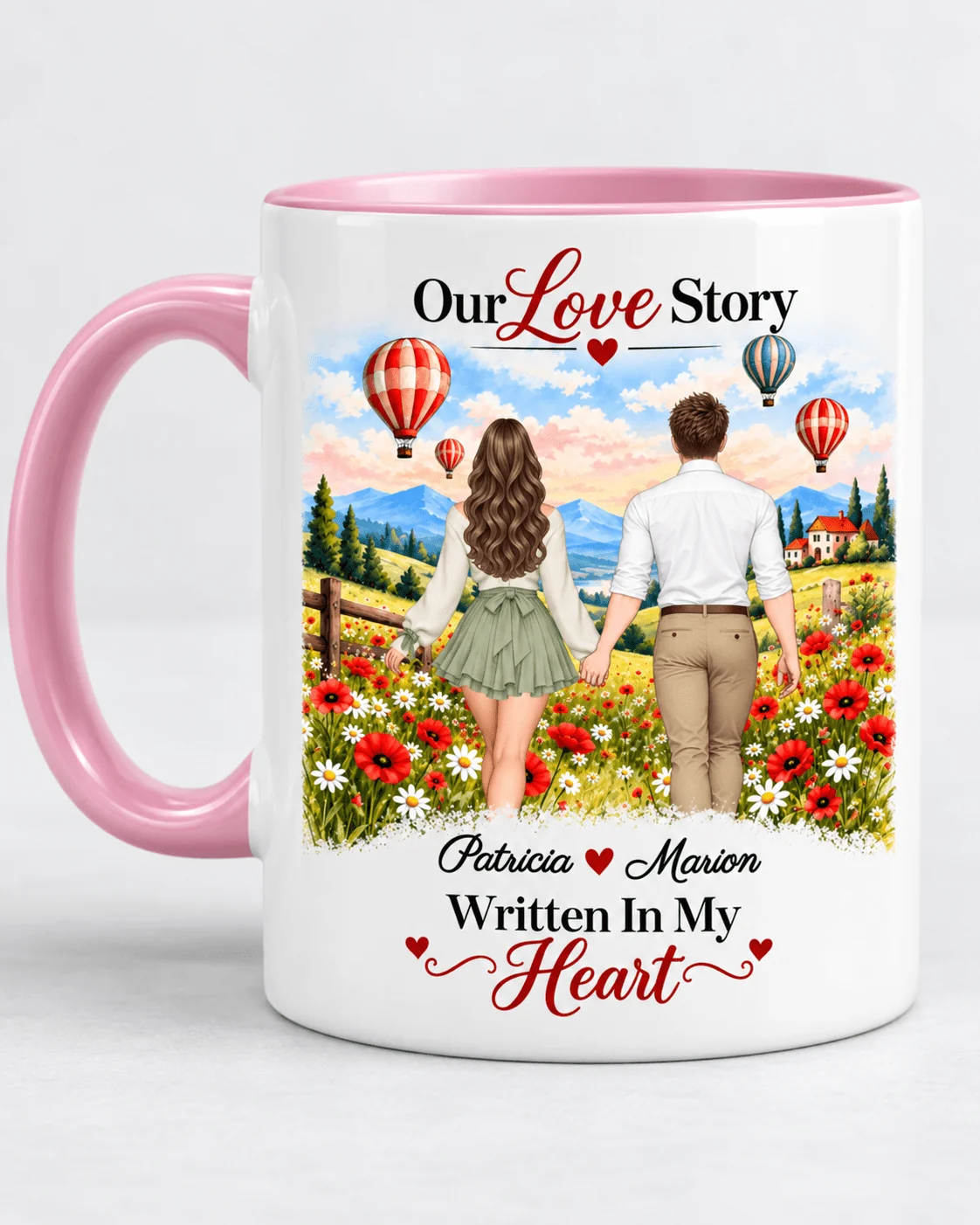 Personalized couple mug with pink handle and custom names