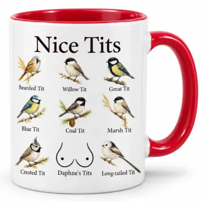 Red accent mug with personalized Nice Tits design