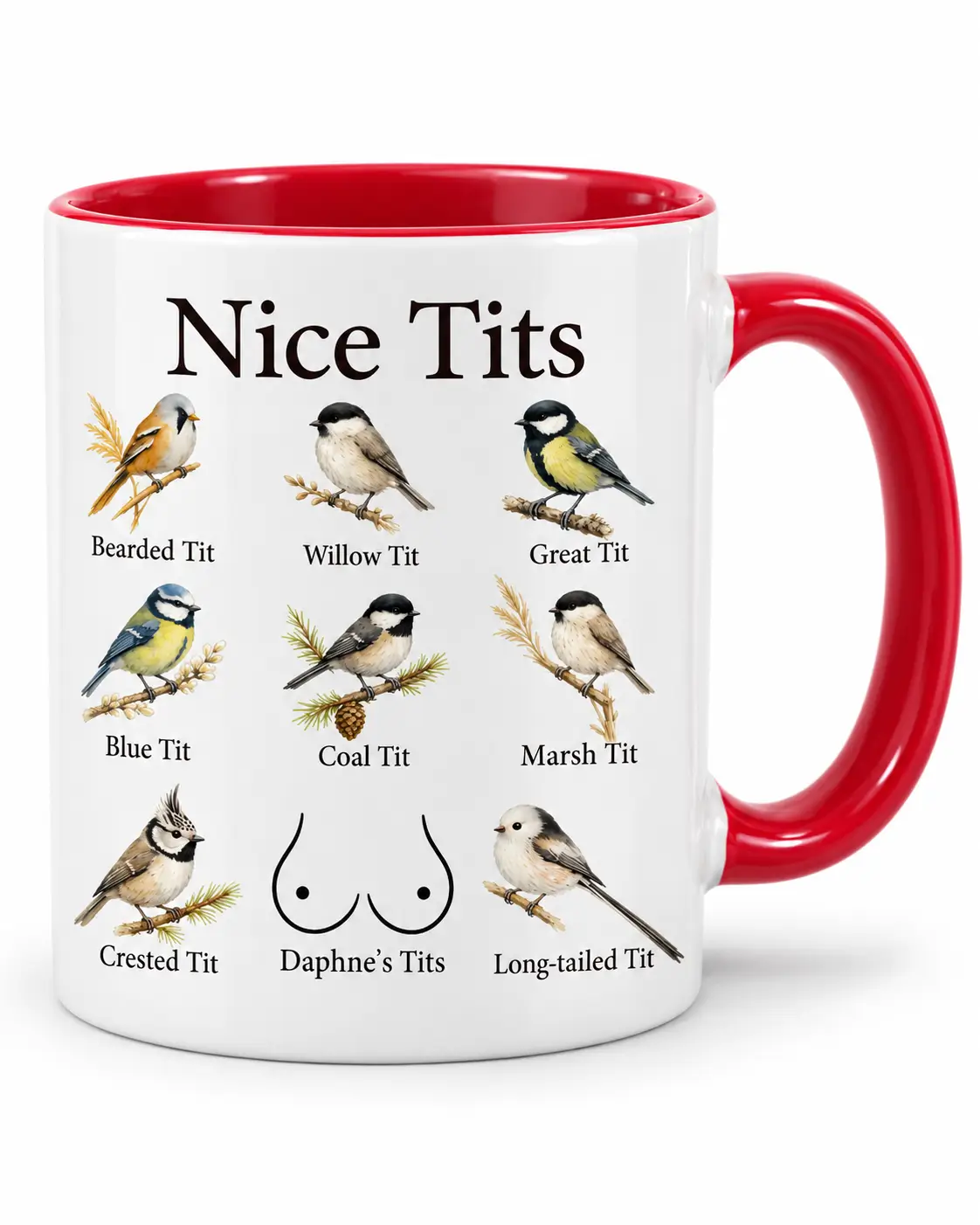 Red accent mug with personalized Nice Tits design