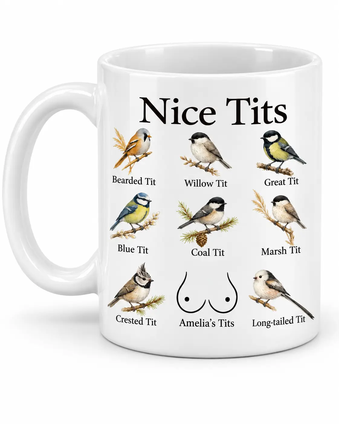 Angled white mug mockup with Nice Tits personalized print