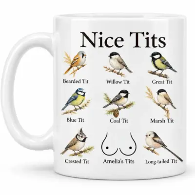 White ceramic mug with personalized Nice Tits design