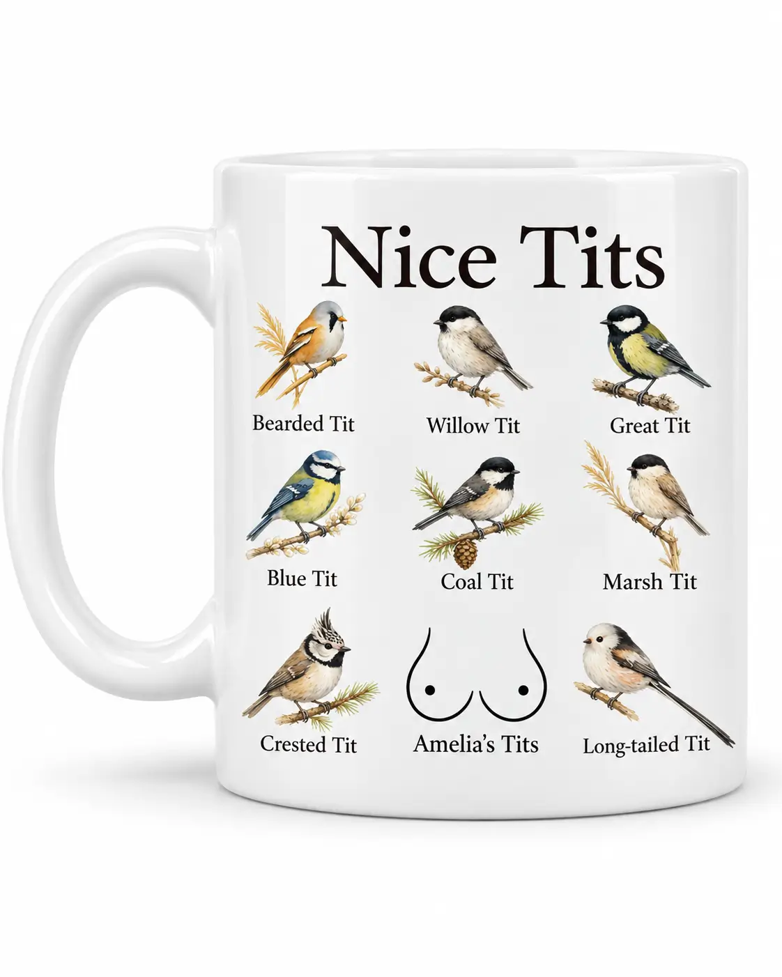 White ceramic mug with personalized Nice Tits design